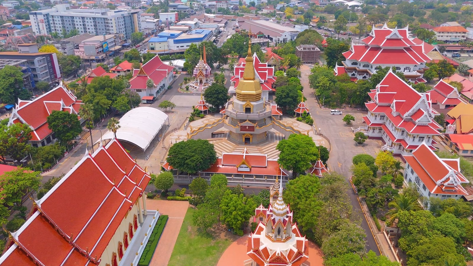 Aerial view of a Buddhist temple complex in Udon Thani, Thailand